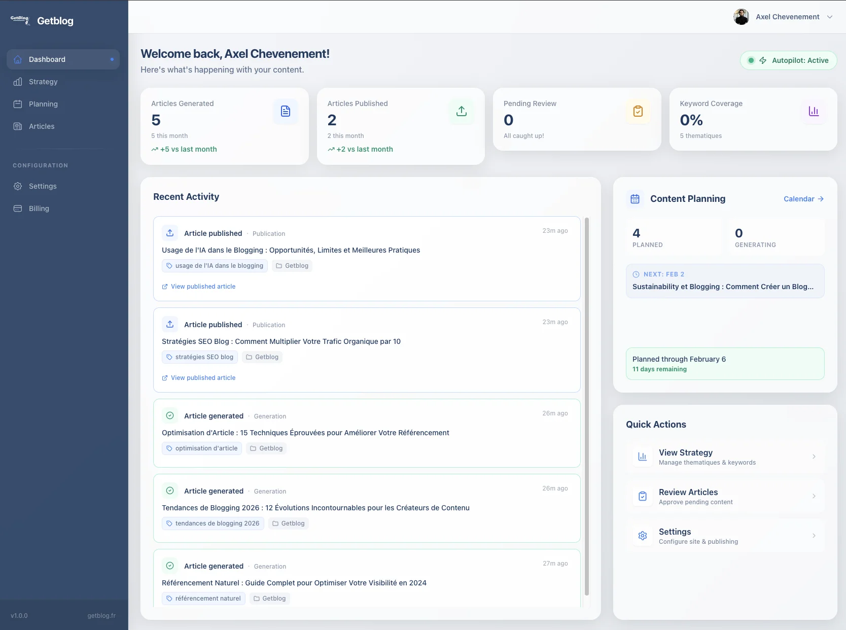 Interface PilotRanker - Tableau de bord autopilot SEO